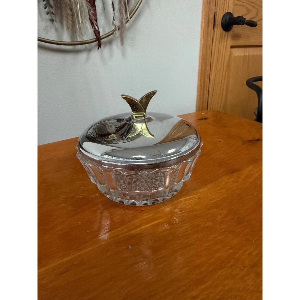 Vintage Pressed Glass Candy Dish with Chrome Bird Lid Mid Century Trinket Bowl